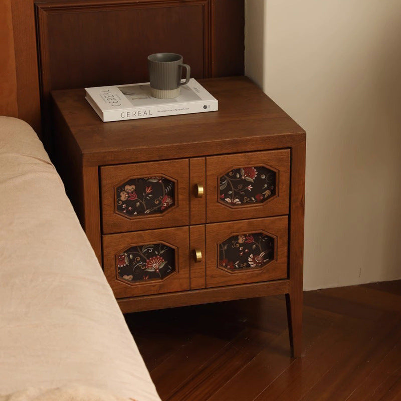 Vintage-Inspired Nightstand with Floral Inlay and Brass Hardware