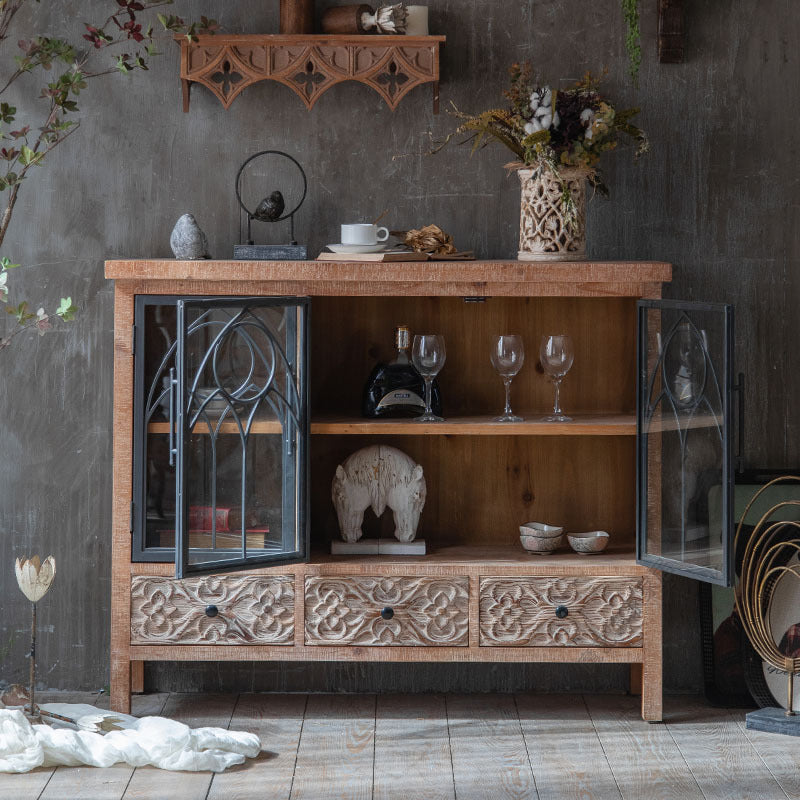 Rustic Wooden Cabinet with Gothic Glass Doors and Intricate Carvings