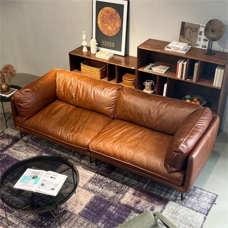 Oil-Waxed Leather Straight-Line Sofa – Luxurious Design for Modern Living Rooms