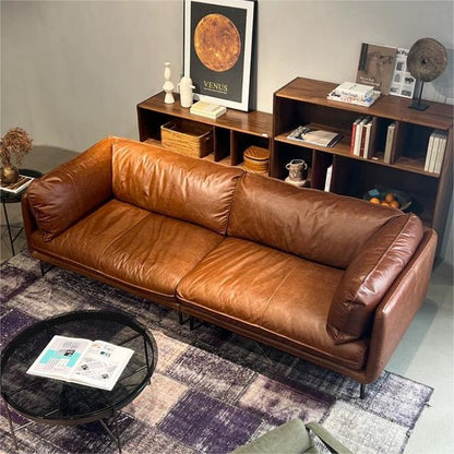 Oil-Waxed Leather Straight-Line Sofa – Luxurious Design for Modern Living Rooms