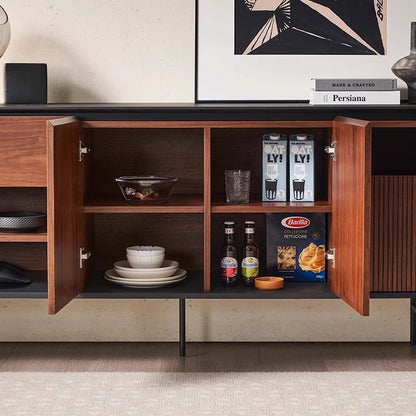 Mid-Century Modern Sideboard with Vertical Slat Design and Black Metal Base