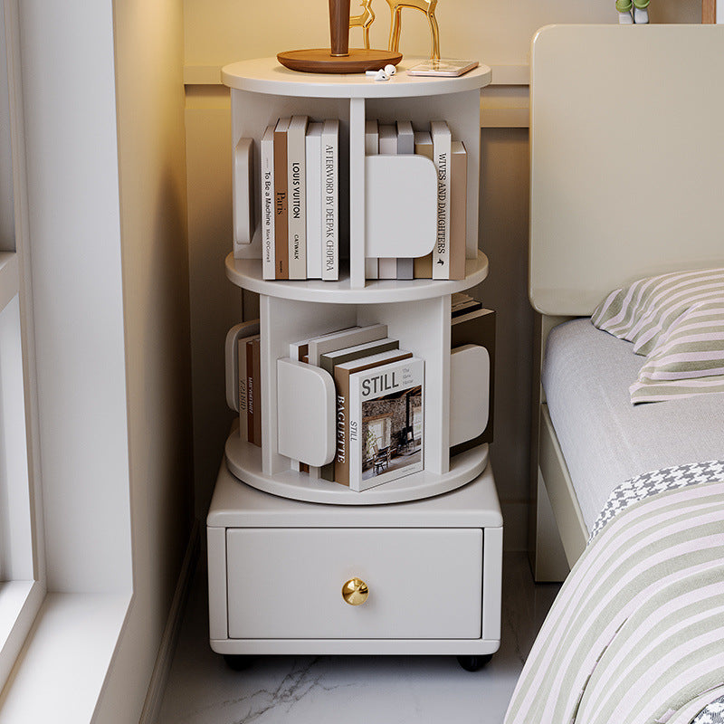 Rotating Round Nightstand with Bookcase and Drawer Storage