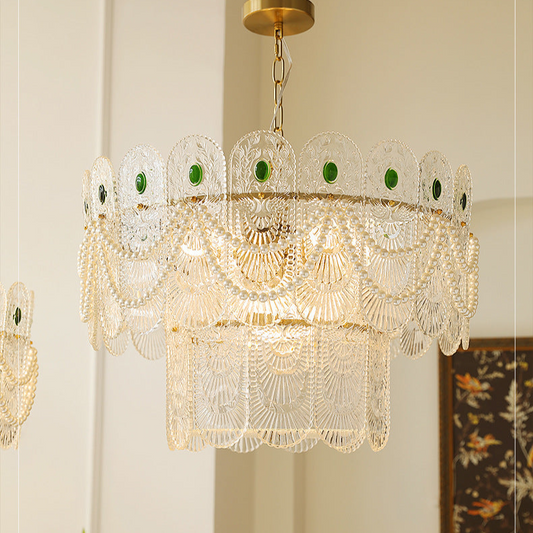 Art Deco Chandelier with Green Accents - Vintage Glamor