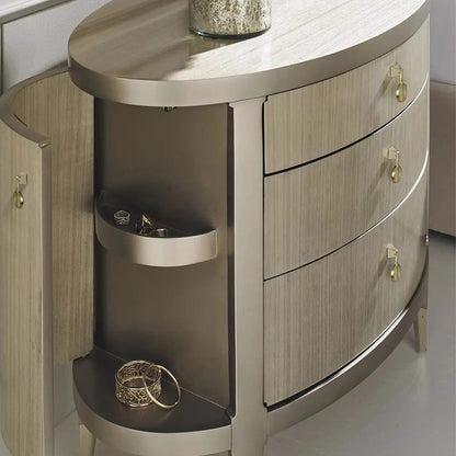 Curved Nightstand with Gold Accents and Elegant Design