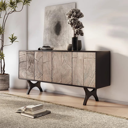 Modern Sideboard with Unique Tree Ring Design and Black Metal Base