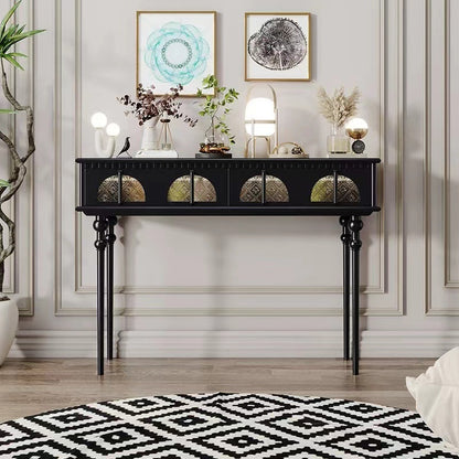 Modern Console Table with Black Finish and Intricate Details