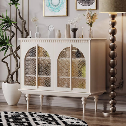 Vintage-Inspired White Cabinet with Arched Glass Doors