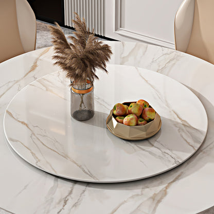 Modern Minimalist Ceramic Stone Round Dining Table with Rotating Tray - Glossy Finish