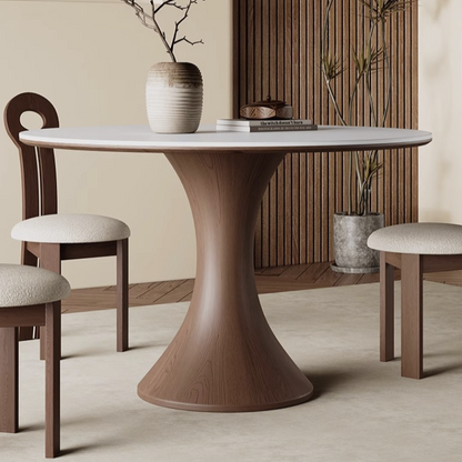 Modern Round Dining Table Set with Unique Wooden Base - Durable Rock Slab Top