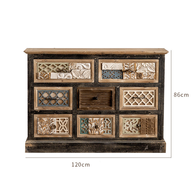 Rustic Sideboard with Intricate Carved Details and Mixed Media