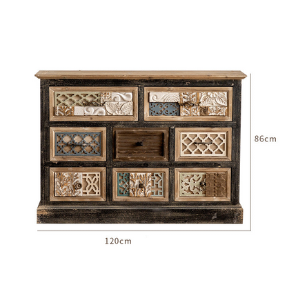 Rustic Sideboard with Intricate Carved Details and Mixed Media