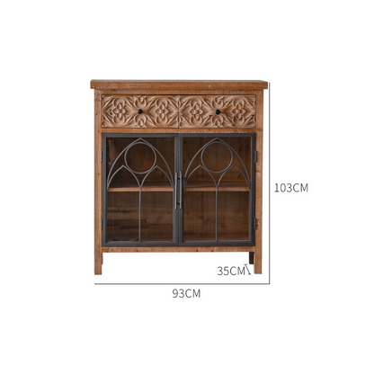 Rustic Industrial Cabinet Set with Glass Doors and Intricate Carvings