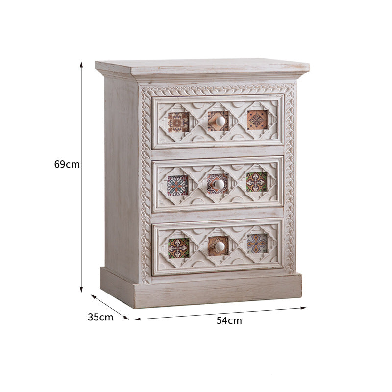 Vintage-Inspired Side Table with Intricate Carvings and Tile Details